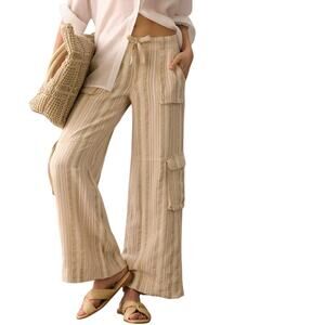 Anthropologie Beige Striped Linen Blend Cargo Wide Leg Pants Size 27